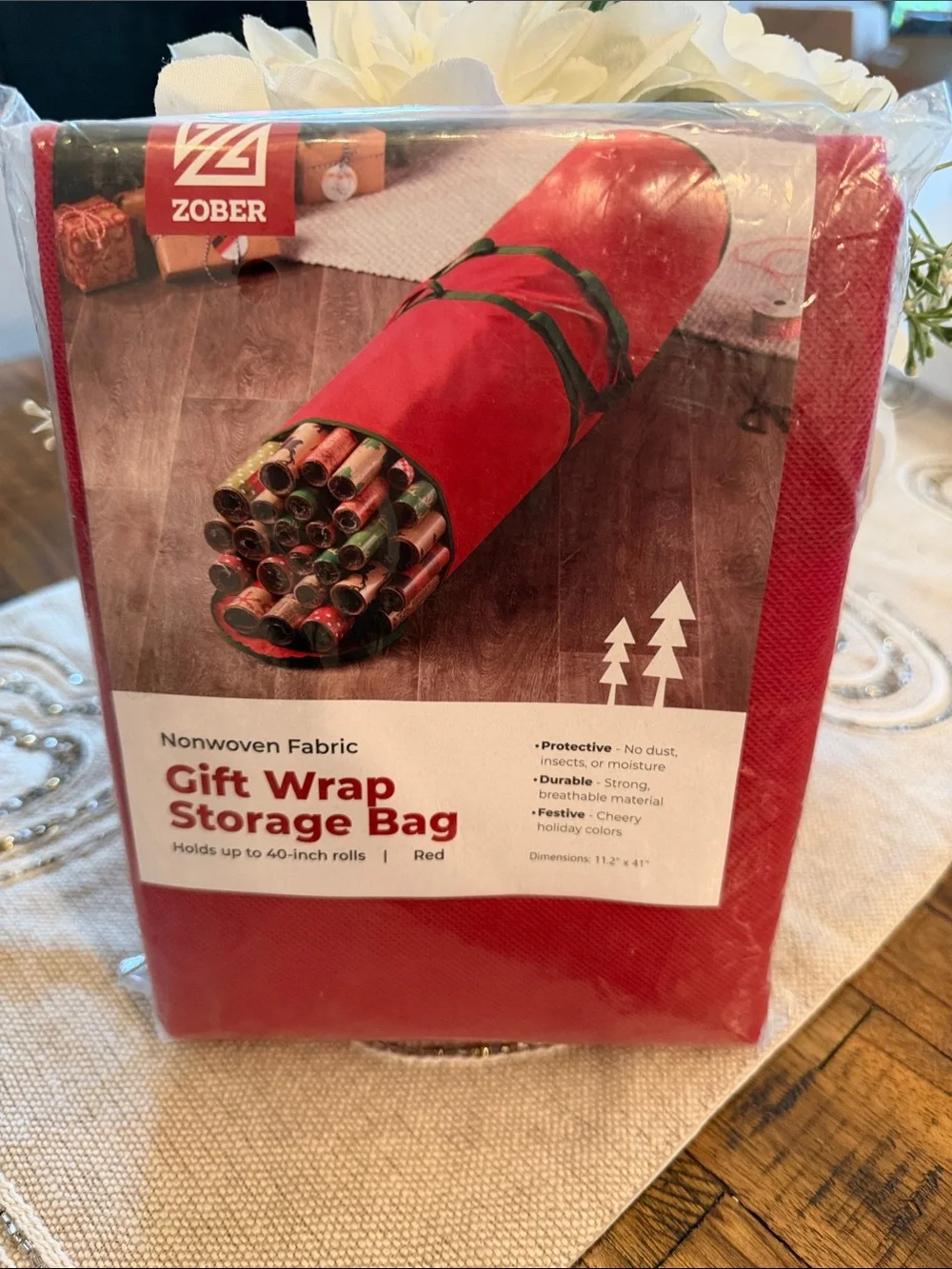Holiday Red Gift Wrap Storage Bag with Green Handles